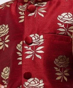 JBN Creation Boys' Gold Silk Cotton Blend Kurta, Waistcoat And Pyjama Set