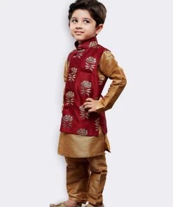 JBN Creation Boys' Gold Silk Cotton Blend Kurta, Waistcoat And Pyjama Set