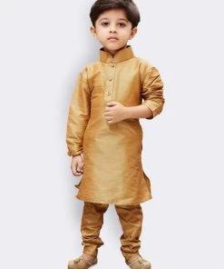 JBN Creation Boys' Gold Silk Cotton Blend Kurta, Waistcoat And Pyjama Set