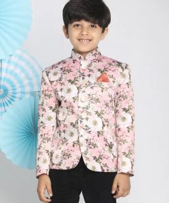 VASTRAMAY Floral Printed Pink Bandhgala Prince Coat Jodhpuri