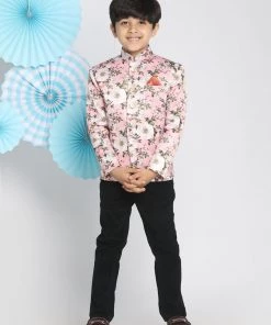 VASTRAMAY Floral Printed Pink Bandhgala Prince Coat Jodhpuri