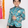 Vastramay Boys Turquoise Blue Printed Bandhgala Blazer