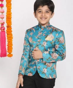 Vastramay Boys Turquoise Blue Printed Bandhgala Blazer