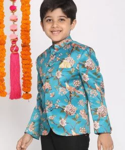 Vastramay Boys Turquoise Blue Printed Bandhgala Blazer