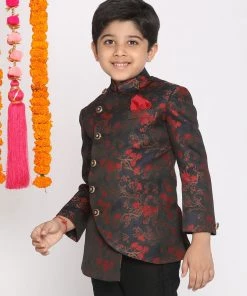 Vastramay Boys Maroon Woven Design Silk Blend Bandhgala Blazer
