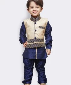 JBN Creation Boys' Blue Cotton Silk Kurta, Waistcoat And Breedges Set