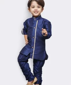JBN Creation Boys' Blue Cotton Silk Kurta, Waistcoat And Breedges Set