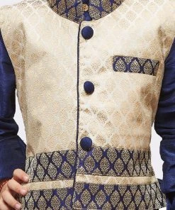 JBN Creation Boys' Blue Cotton Silk Kurta, Waistcoat And Breedges Set