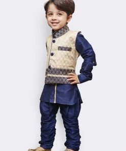 JBN Creation Boys' Blue Cotton Silk Kurta, Waistcoat And Breedges Set