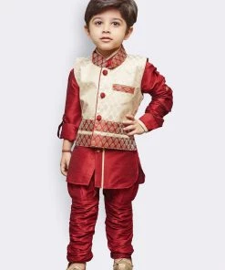 JBN Creation Buy 1 Get 1 Boys' Maroon Cotton Silk Kurta, Waistcoat And Breedges Set