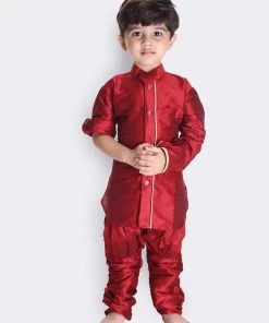 JBN Creation Buy 1 Get 1 Boys' Maroon Cotton Silk Kurta, Waistcoat And Breedges Set