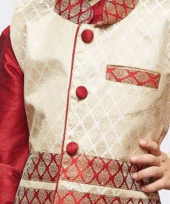JBN Creation Buy 1 Get 1 Boys' Maroon Cotton Silk Kurta, Waistcoat And Breedges Set
