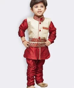 JBN Creation Buy 1 Get 1 Boys' Maroon Cotton Silk Kurta, Waistcoat And Breedges Set