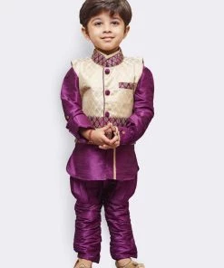 JBN Creation Boys' Purple Cotton Silk Kurta, Waistcoat And Pyjama Set