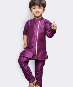 JBN Creation Boys' Purple Cotton Silk Kurta, Waistcoat And Pyjama Set