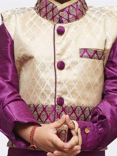 JBN Creation Boys' Purple Cotton Silk Kurta, Waistcoat And Pyjama Set 5 JBN Creation Boys' Purple Cotton Silk Kurta, Waistcoat And Pyjama Set