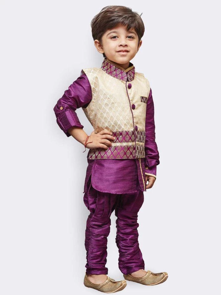 JBN Creation Boys' Purple Cotton Silk Kurta, Waistcoat And Pyjama Set 6 JBN Creation Boys' Purple Cotton Silk Kurta, Waistcoat And Pyjama Set