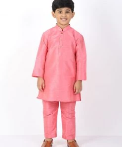 VASTRAMAY Boys Pink Silk Blend Kurta And Pyjama Set