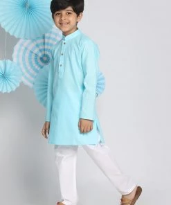 Kurta Pyjama Vastramay Aqua And White Baap Beta Kurta And Pyjama Set
