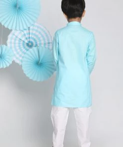 Vastramay Boys Aqua And White Kurta Pyjama Set