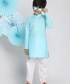 Vastramay Boys Aqua And White Kurta Pyjama Set