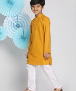 Kurta Pyjama Vastramay Mustard And White Baap Beta Kurta And Pyjama Set