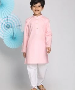 Vastramay Boys Pink And White Kurta Pyjama Set