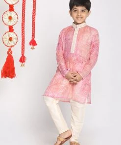 VASTRAMAY Boys' Pink And Cream Kurta Pyjama Set