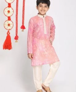 VASTRAMAY Boys' Pink And Cream Kurta Pyjama Set