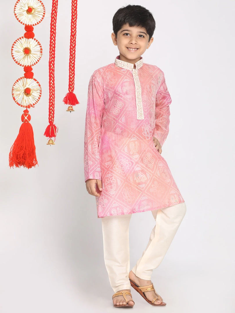 VASTRAMAY Boys' Pink And Cream Kurta Pyjama Set 4 VASTRAMAY Boys' Pink And Cream Kurta Pyjama Set