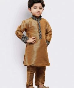 JBN Creation Boys' Gold Cotton Silk Kurta And Pyjama Set Buy 1 Get 1