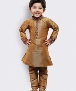 JBN Creation Boys' Gold Cotton Silk Kurta And Pyjama Set