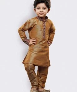 JBN Creation Boys' Gold Cotton Silk Kurta And Pyjama Set