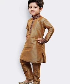 JBN Creation Boys' Gold Cotton Silk Kurta And Pyjama Set