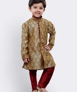 JBN Creation Boys' Beige Cotton Silk Kurta And Pyjama Set