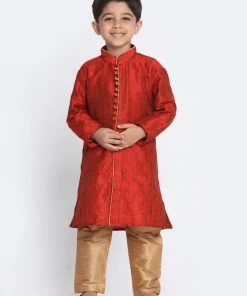 JBN Creation Boys' Red Cotton Silk Blend Kurta And Pyjama Set