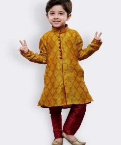 JBN Creation Boys' Yellow Cotton Silk Kurta And Pyjama Set