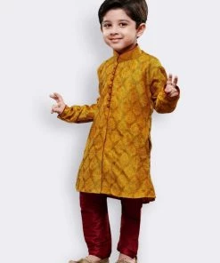 JBN Creation Boys' Yellow Cotton Silk Kurta And Pyjama Set
