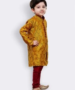 JBN Creation Boys' Yellow Cotton Silk Kurta And Pyjama Set