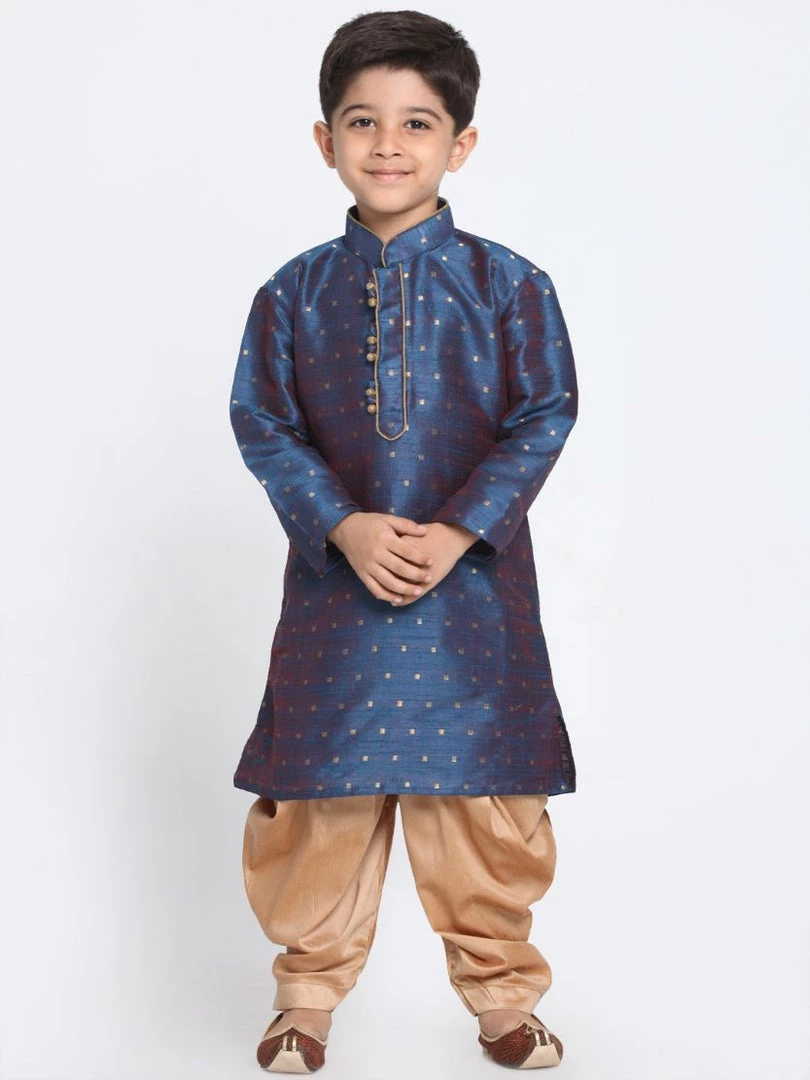 JBN Creation Boys' Deep Blue Cotton Silk Blend Kurta And Rose Gold Dhoti Pant Set 3 JBN Creation Boys' Deep Blue Cotton Silk Blend Kurta And Rose Gold Dhoti Pant Set