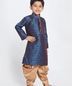 JBN Creation Boys' Deep Blue Cotton Silk Blend Kurta And Rose Gold Dhoti Pant Set