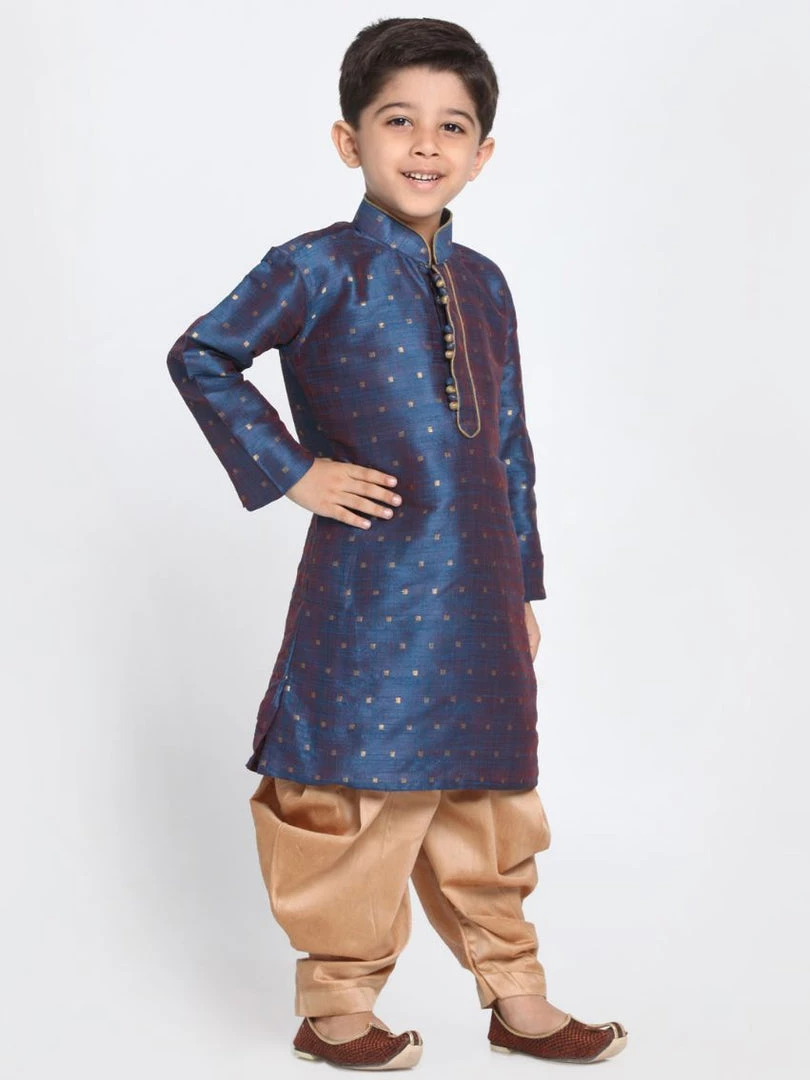 JBN Creation Boys' Deep Blue Cotton Silk Blend Kurta And Rose Gold Dhoti Pant Set 4 JBN Creation Boys' Deep Blue Cotton Silk Blend Kurta And Rose Gold Dhoti Pant Set