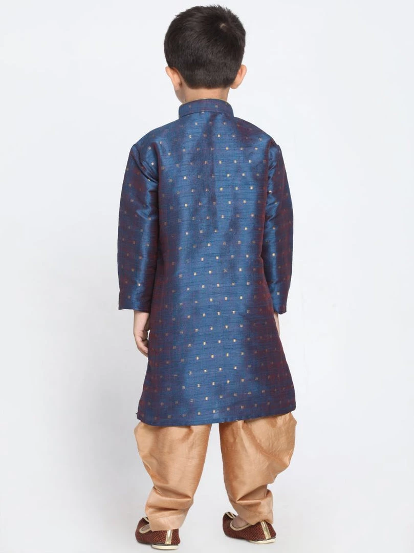 JBN Creation Boys' Deep Blue Cotton Silk Blend Kurta And Rose Gold Dhoti Pant Set 6 JBN Creation Boys' Deep Blue Cotton Silk Blend Kurta And Rose Gold Dhoti Pant Set