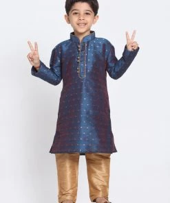 Vastramay Silk Blend Blue And Rose Gold Baap Beta Kurta Pyjama Set 13 Vastramay Silk Blend Blue And Rose Gold Baap Beta Kurta Pyjama Set
