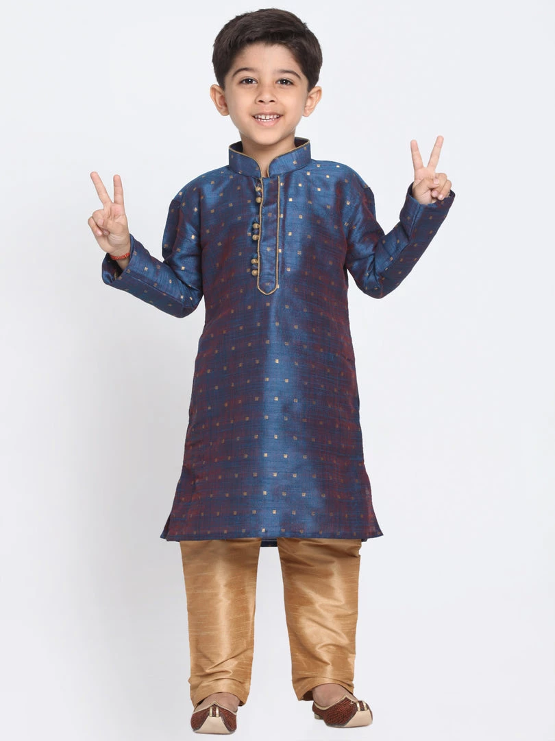 Vastramay Silk Blend Blue And Rose Gold Baap Beta Kurta Pyjama Set 5 Vastramay Silk Blend Blue And Rose Gold Baap Beta Kurta Pyjama Set