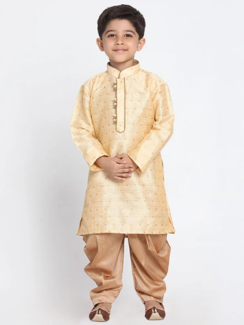 JBN Creation Boys' Gold Cotton Silk Blend Kurta And Dhoti Pant Set 3 JBN Creation Boys' Gold Cotton Silk Blend Kurta And Dhoti Pant Set