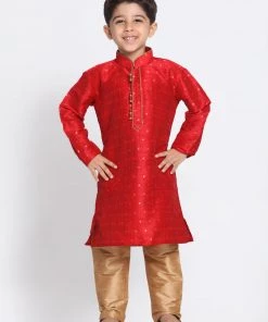Vastramay Silk Blend Maroon And Rose Gold Baap Beta Kurta Pyjama Set