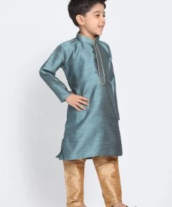 Vastramay Silk Blend Aqua Blue And Rose Gold Baap Beta Kurta Pyjama Set