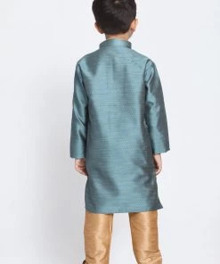 Vastramay Silk Blend Aqua Blue And Rose Gold Baap Beta Kurta Pyjama Set