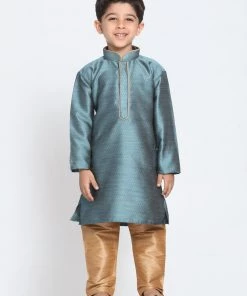 Vastramay Silk Blend Aqua Blue And Rose Gold Baap Beta Kurta Pyjama Set
